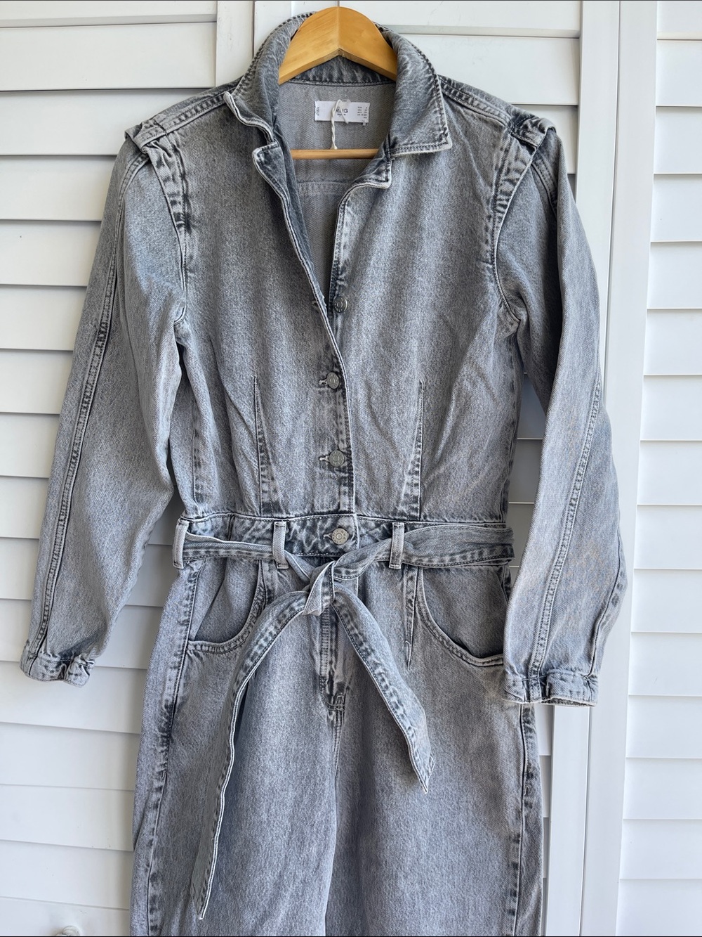 MANGO Gray Denim Utility Jumpsuit Belted Boiler Suit XS - Picture 3 of 13